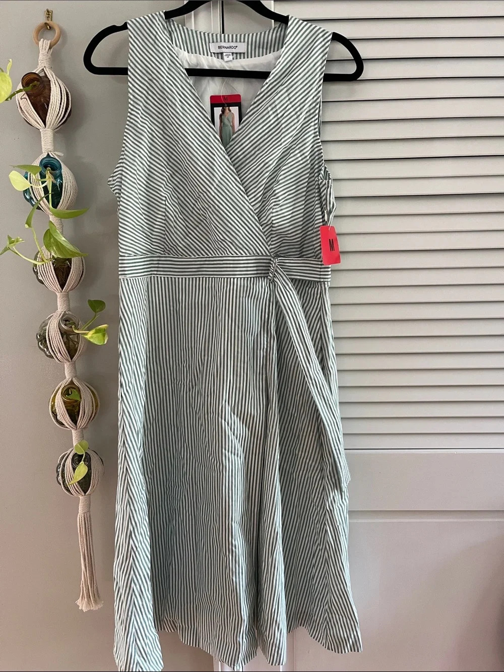 Bernardo Sage Green and White Striped Wrap Midi Dress